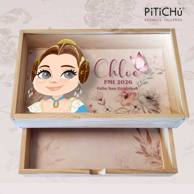 Caja Multiusos de madera con tapa transparente. Fallera y texto PERSONALIZABLE - Imagen 2