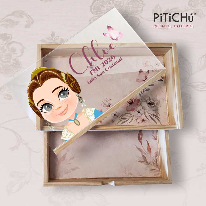 Caja Multiusos de madera con tapa transparente. Fallera y texto PERSONALIZABLE - Imagen 3