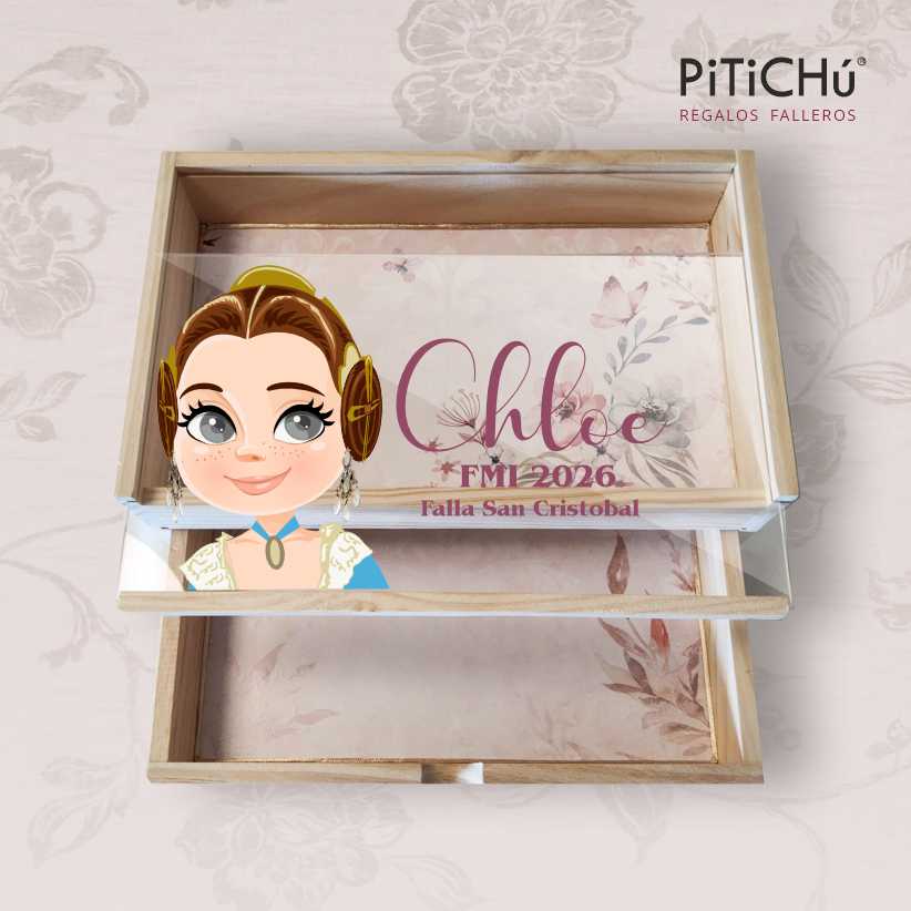 Caja Multiusos de madera con tapa transparente. Fallera y texto PERSONALIZABLE - Imagen 4