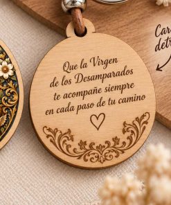 Llavero de la Virgen de los Desamparados con dedicatoria personalizada