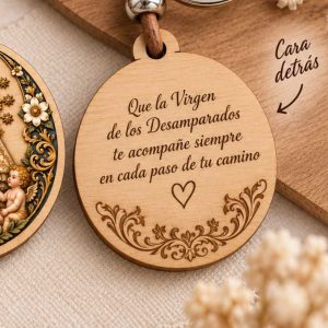 Llavero de la Virgen de los Desamparados con dedicatoria personalizada