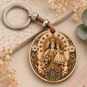 Llavero de la Virgen de los Desamparados personalizado en madera