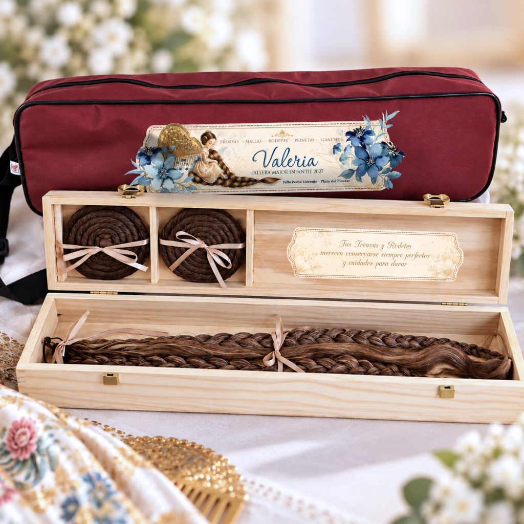 Caja de madera para trenzas de fallera con bolsa bandolera personalizada colección azucena