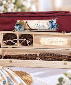 Caja de madera para trenzas de fallera con bolsa bandolera personalizada colección azucena